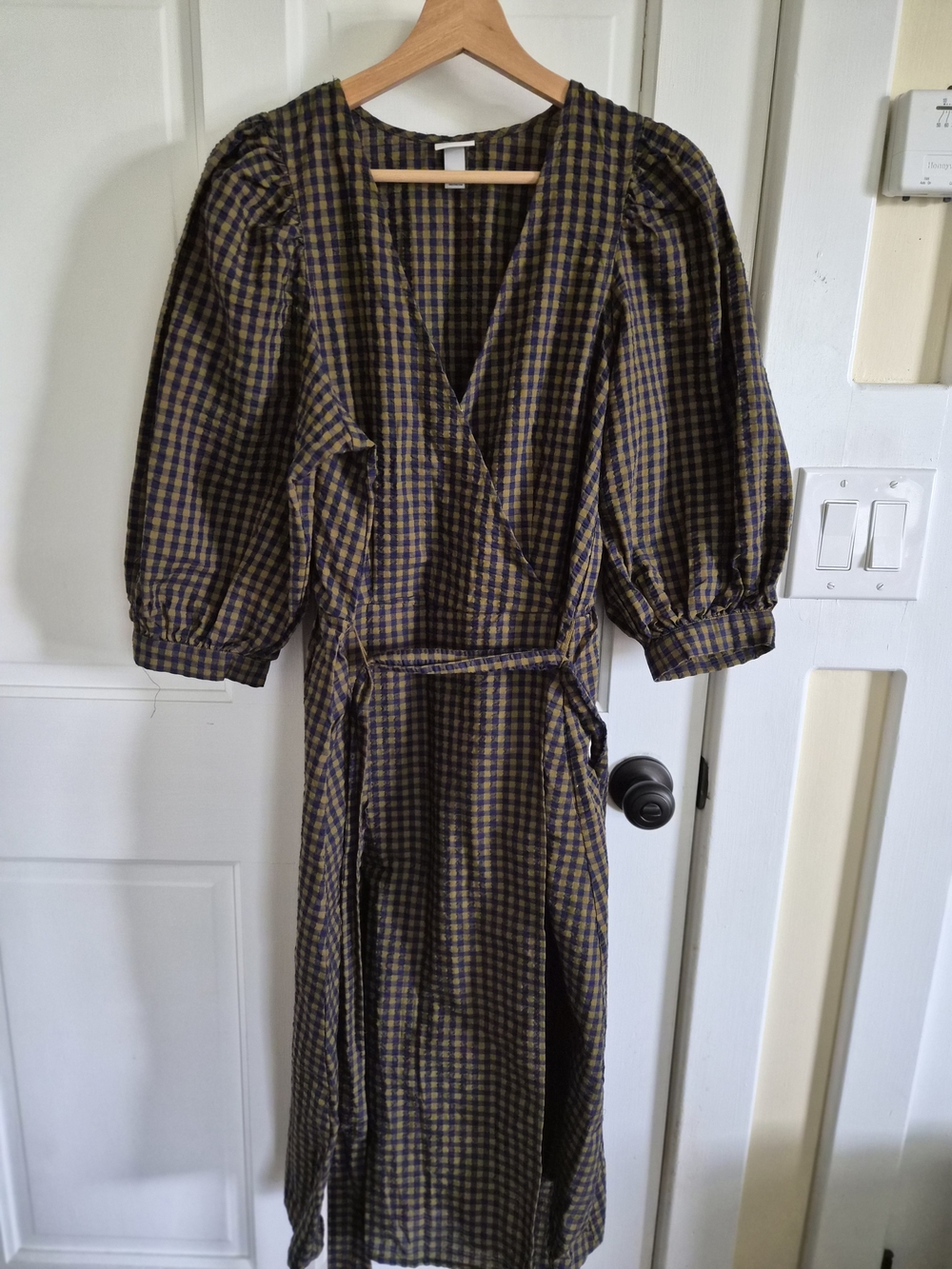 Checked Wrap Midi Dress in Olive and Navy